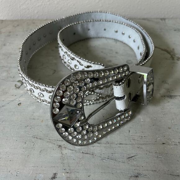 Western Leather bling belt Rhinestone cowgirl rodeo queen sparkle white 36 L - Picture 8 of 10